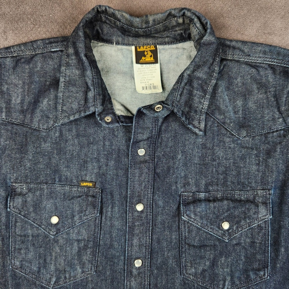 LAPCO Western Pearl Snap Shirt Mens 17.5 35 Dark Indigo Denim Long Sleeve Work